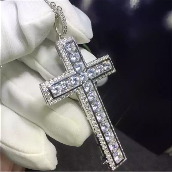New 925 Silver Men Women Luxury Cross Diamond Necklace - Picture 3 of 16